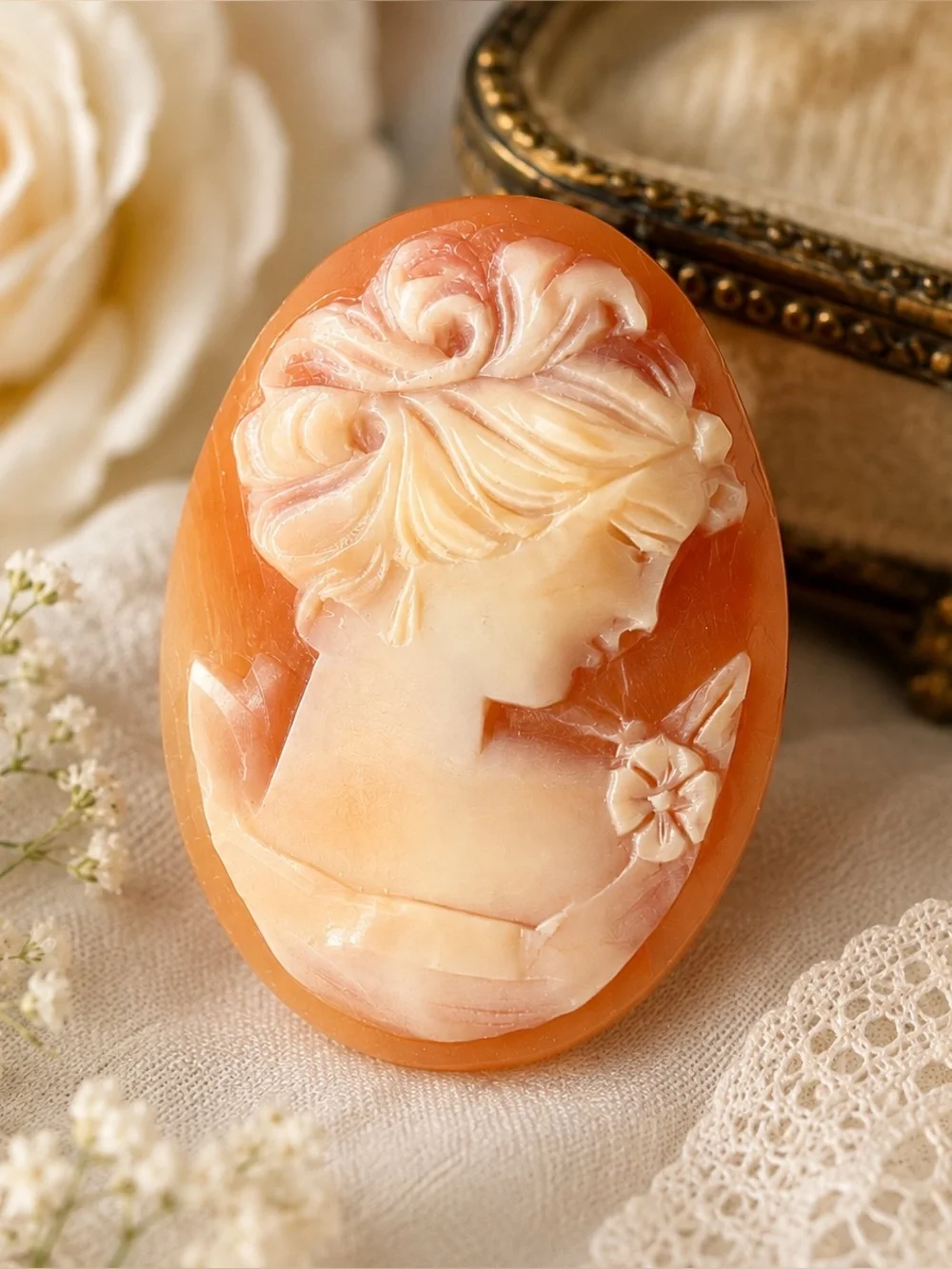 Vintage Hand Carved Shell Cameo Lady Floral Loose Cabochon